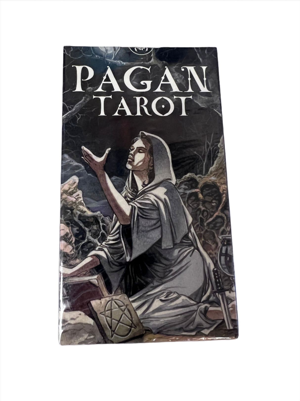 Pagan Tarot - dark card box with image of a woman in robes kneeling with a raised hand 