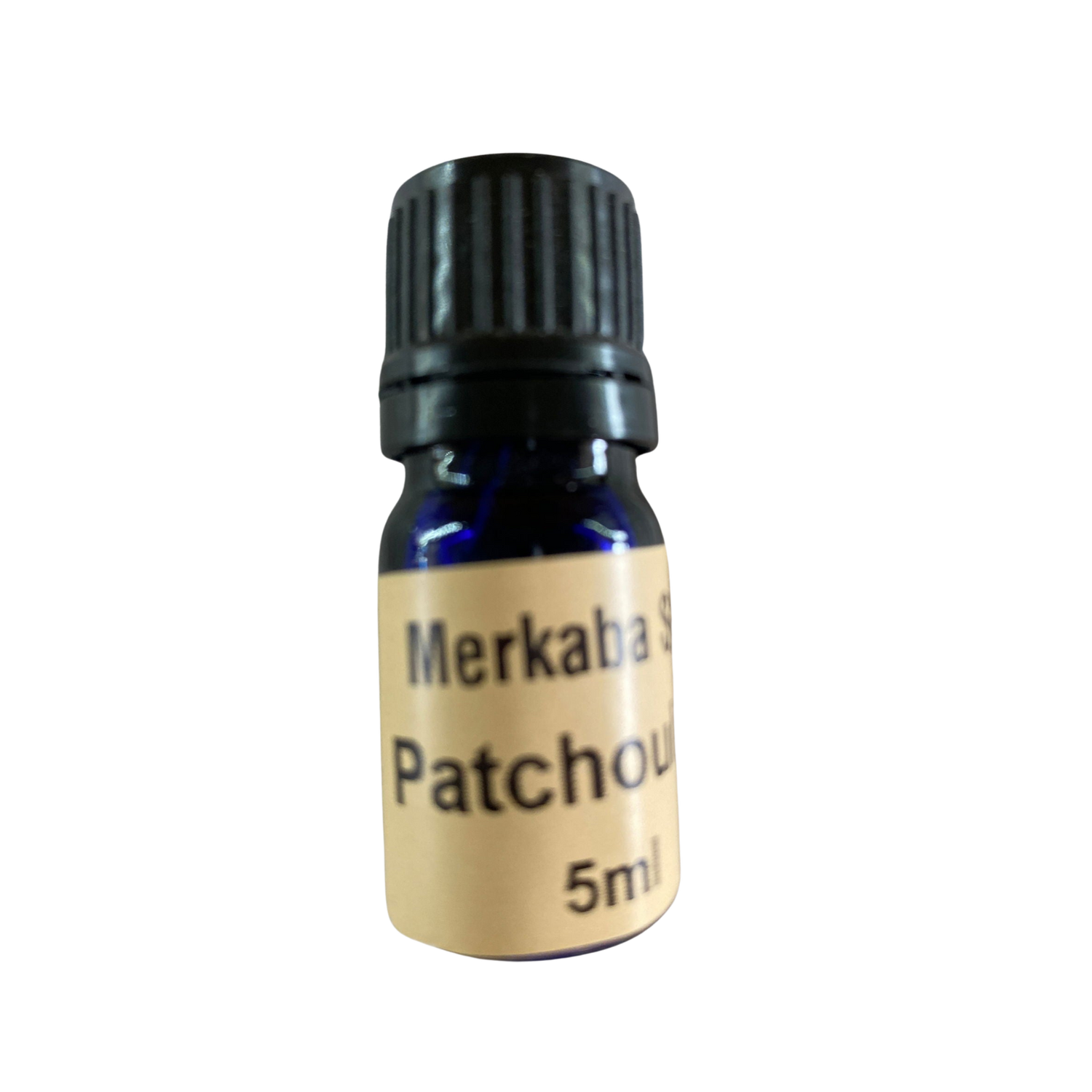 Patchouli Essential Oil - Patchouli Essential Oil in small amber colored bottle with light brown label and black screw cap.