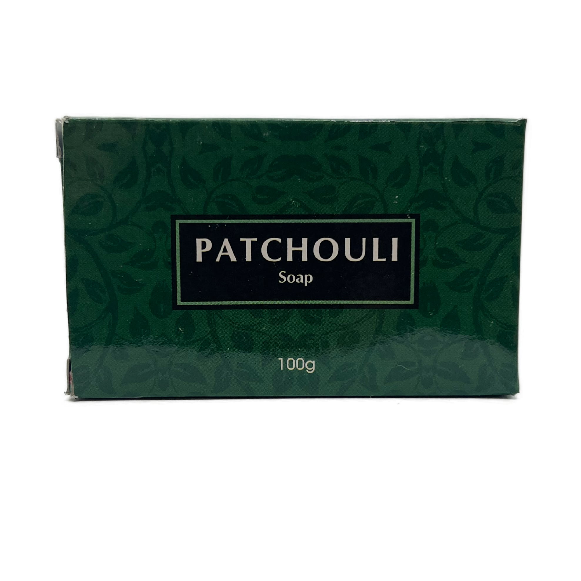 Dark green box with white writing Patchouli Soap