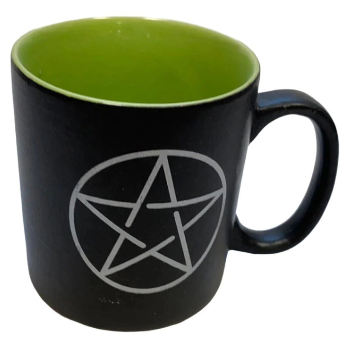 Black ceramic mug with white pentagram design.