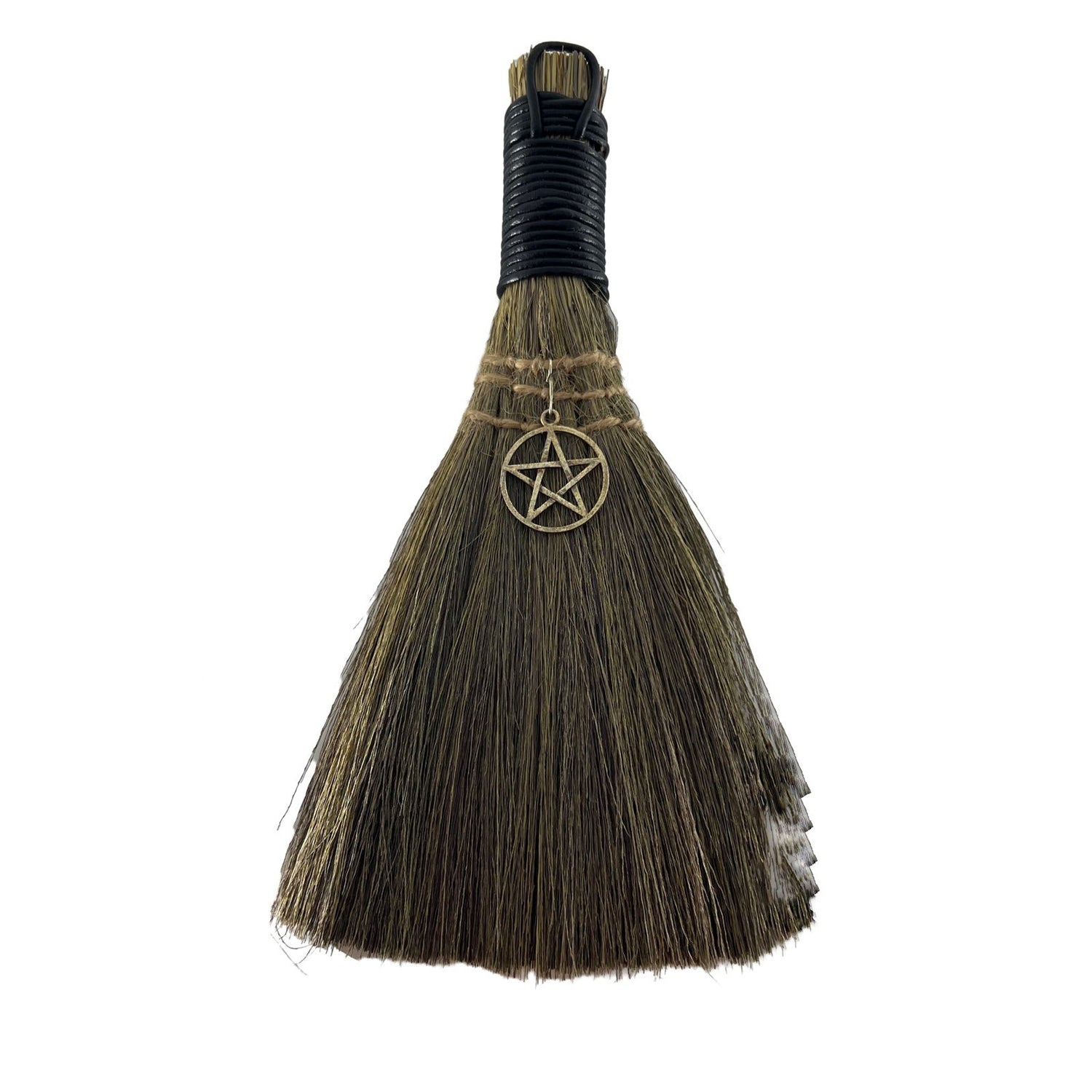 Pentacle Altar Broom - smallish broom in natural colors wit a small pentacle charm attached