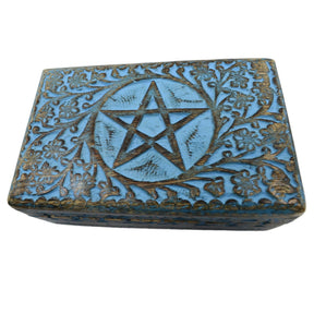 Pentacle Wood Box Blue - wood box blue pain carved pentacle with floral design 