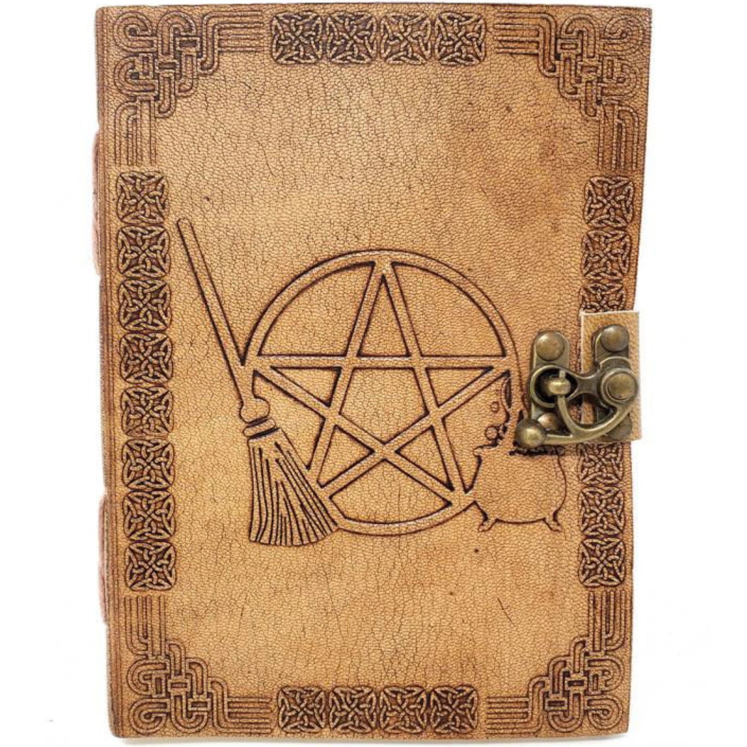 Brown leather journal with pentagram and broom design and brass lock.