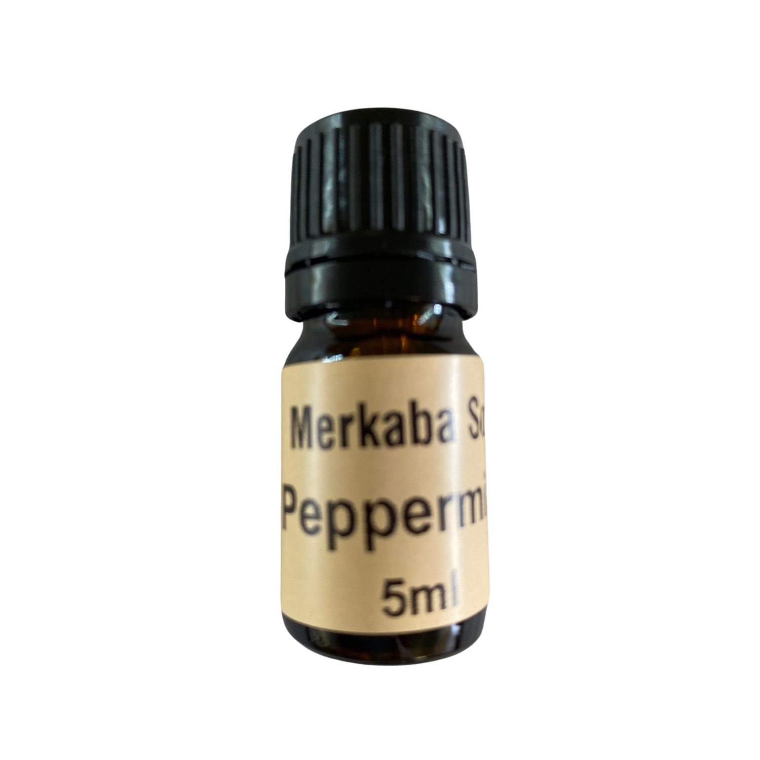 Peppermint Essential Oil - Peppermint Essential Oil in small amber colored bottle with light brown label and black screw cap.