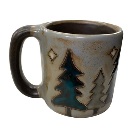 Pine Tree Mug 16oz - Large pillar shaped mug in dark grayish blue with pine trees and stars 