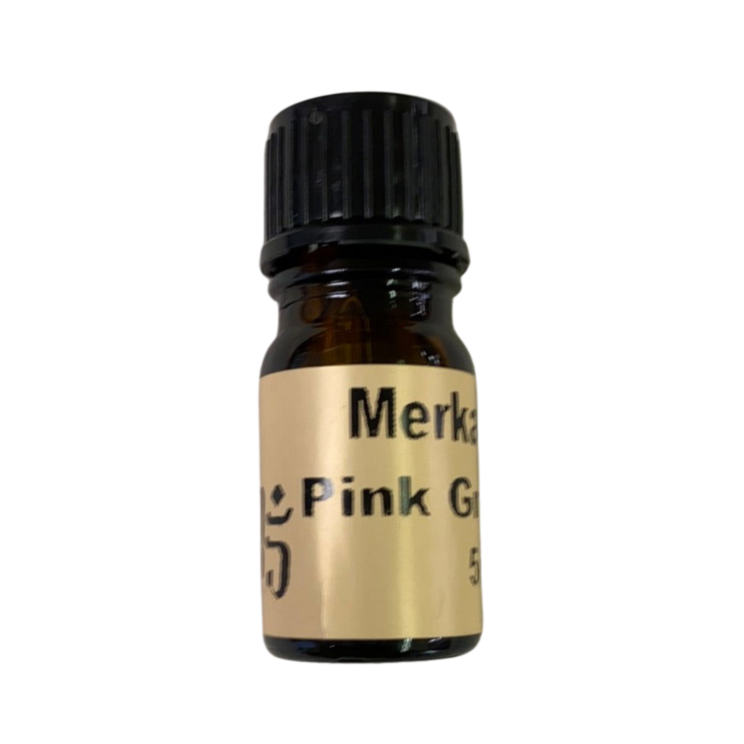 Pink Grapefruit Essential Oil - Pink Grapefruit Essential Oil in small amber colored bottle with light brown label and black screw cap.