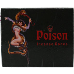 Black card board box with woman wrapped by a snake, red skull art, and red text of "Poison Incense Cones"