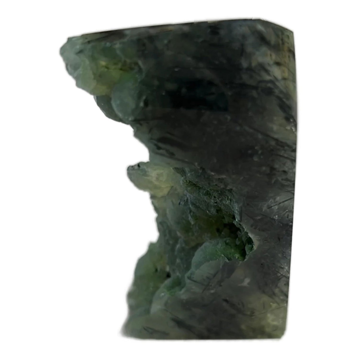 Prehnite Freeform - green crystal  standing on cast end Prehnite freeform