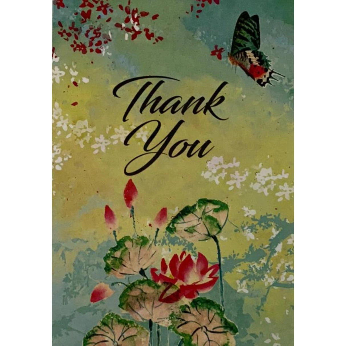 Greeting card with a butterfly flying over a lotus flower. The text "THANK YOU" is written in a decorative font.