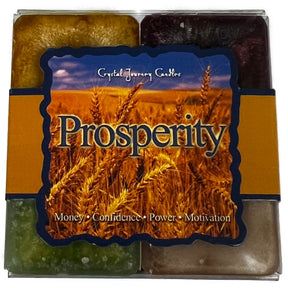 Prosperity Candle Set with yellow, green, purple, and white candles.