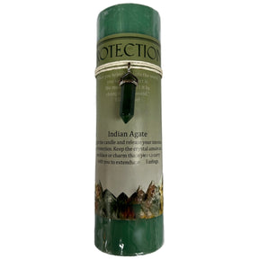 Protection Crystal Pendant Candle - tall green candle with a crystal  pendant attached 