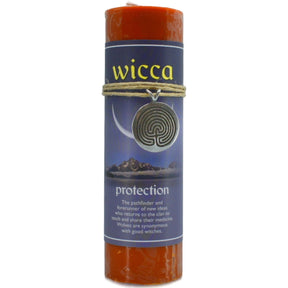 Orange candle with "WICCA" and "PROTECTION" labels.