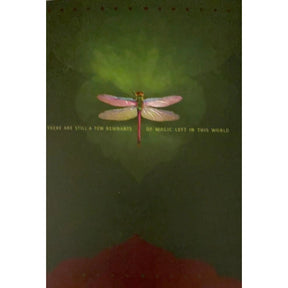 Green background with a pink dragonfly and the text "THERE ARE STILL A FEW REMNANTS OF MAGIC LEFT IN THIS WORLD."