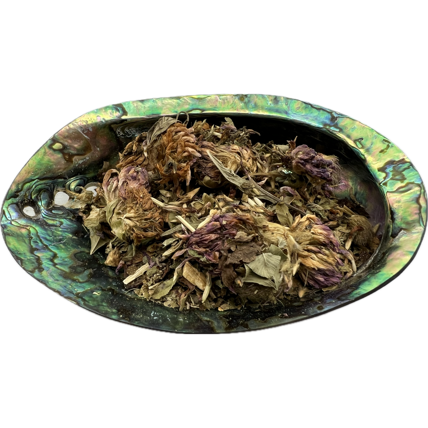 Root Chakra Herb Mix Bag - Dried mixed herbs called Root Chakra Herb Mix placed on a colorful shell bowl
