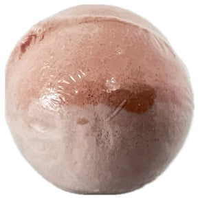 Pink and white bath bomb with a smooth, spherical shape.