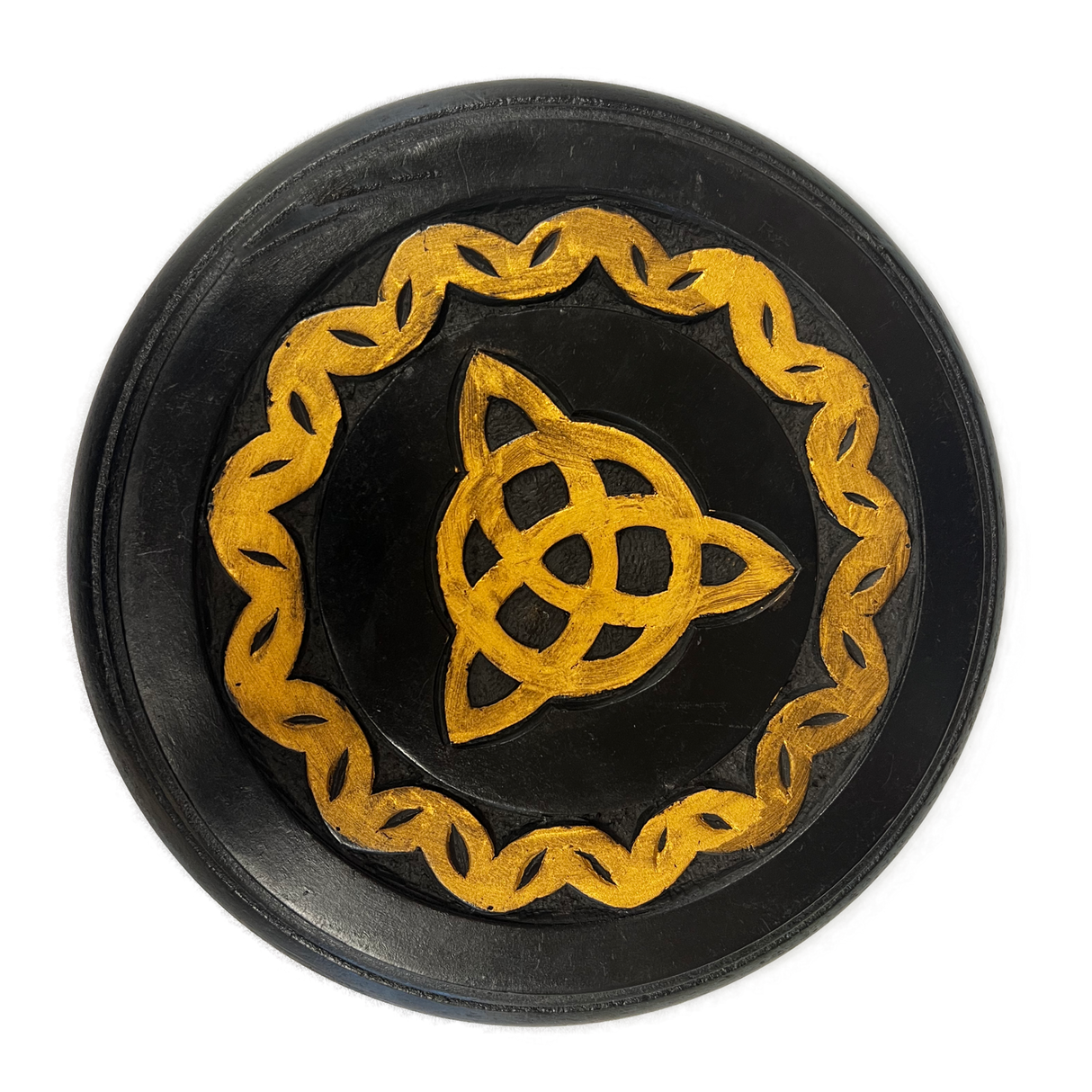Round Black & Gold Wood Triquetra Wall Hanging - Round plaque with gold image triquetra 