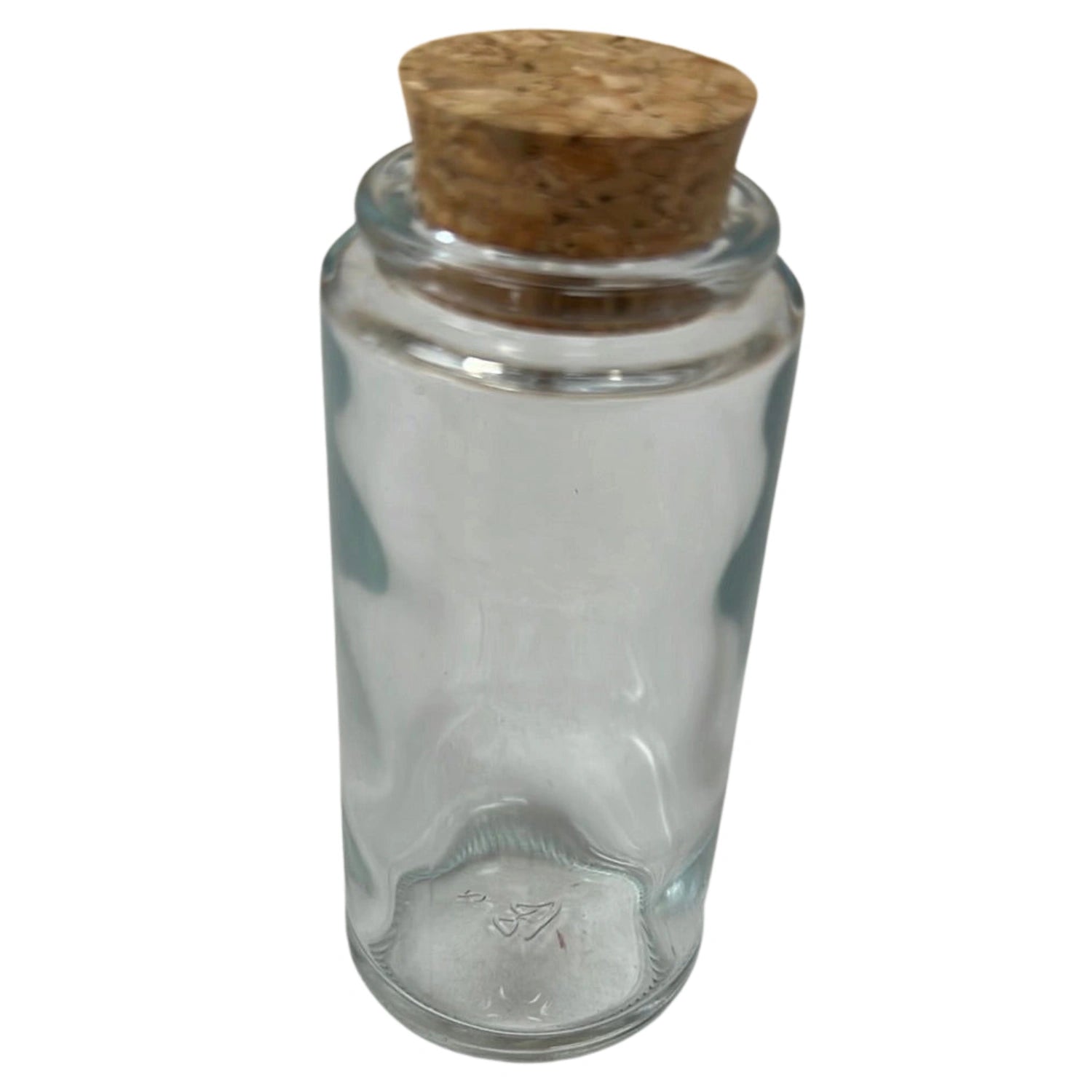 Round glass jar with a cork stopper.