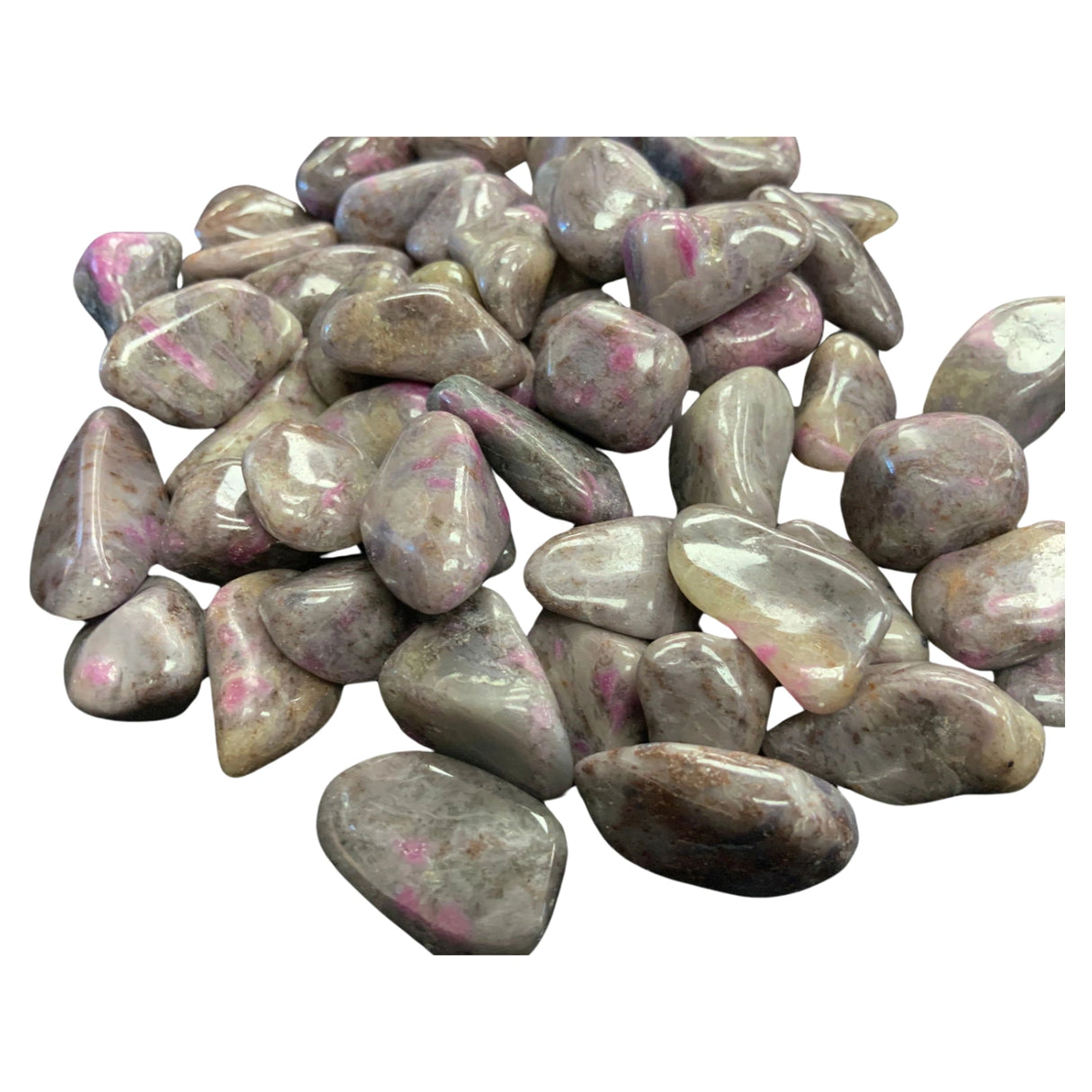 Ruby in Feldspar Tumbled - Polished stones with pink and black inclusions.