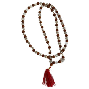 Rudreshka & Crystal Mala - Rudreshka & Crystal Mala - clear quartz beads and reedlike bead alternating pattern  red tassle 