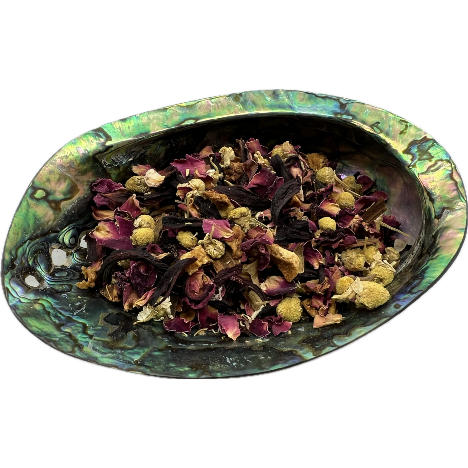 Sacral Chakra Herb Mix Bag - Colorful Dried mixed herbs called Sacral Chakra Herb Mix placed on a colorful shell bowl