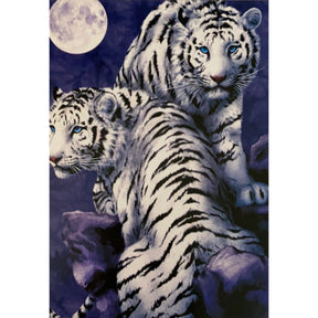 Two white tigers standing on a rock, gazing at a full moon against a purple sky.