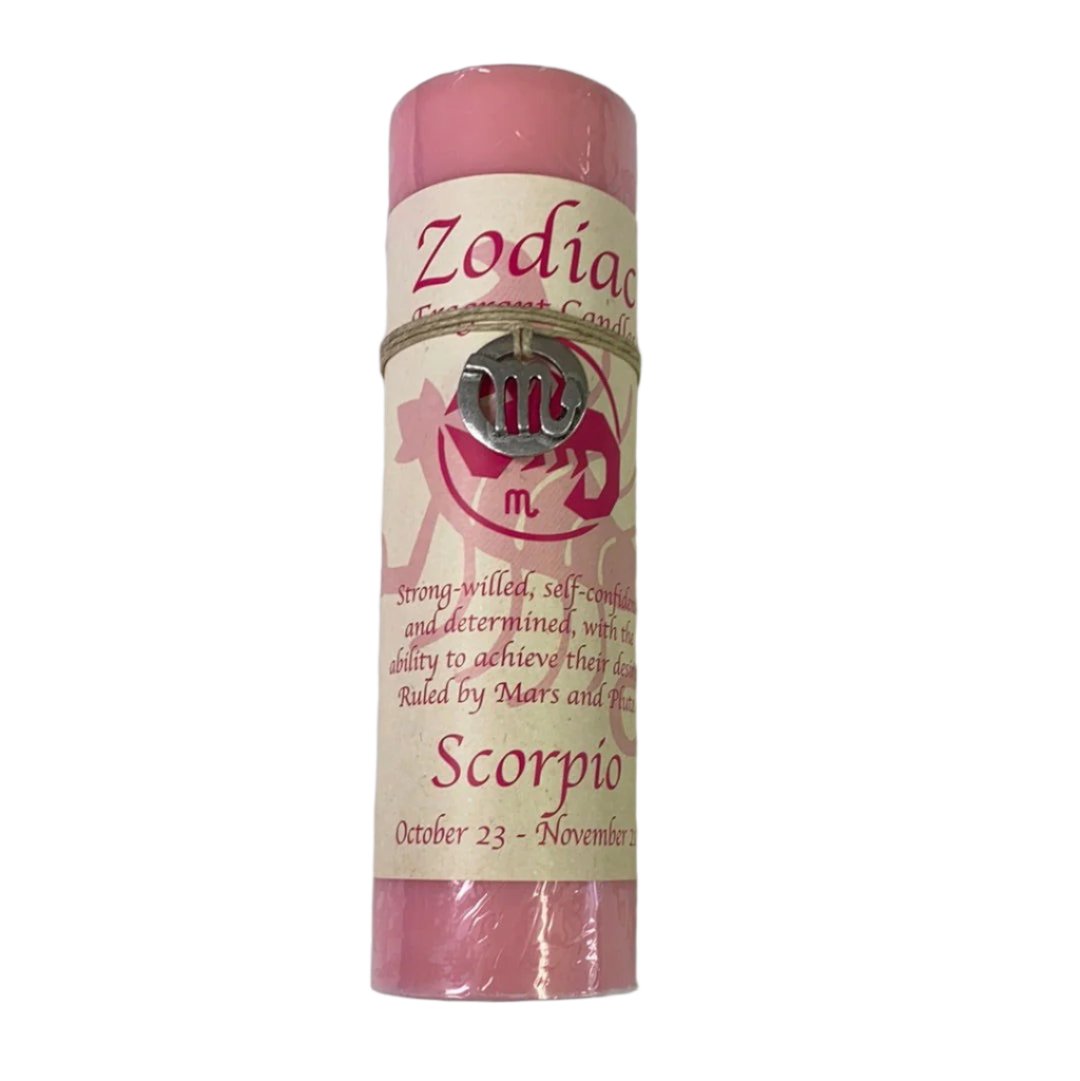 Scorpio Zodiac Pendant Candle - pink candle with the label of Scorpio and a Peter pendant 