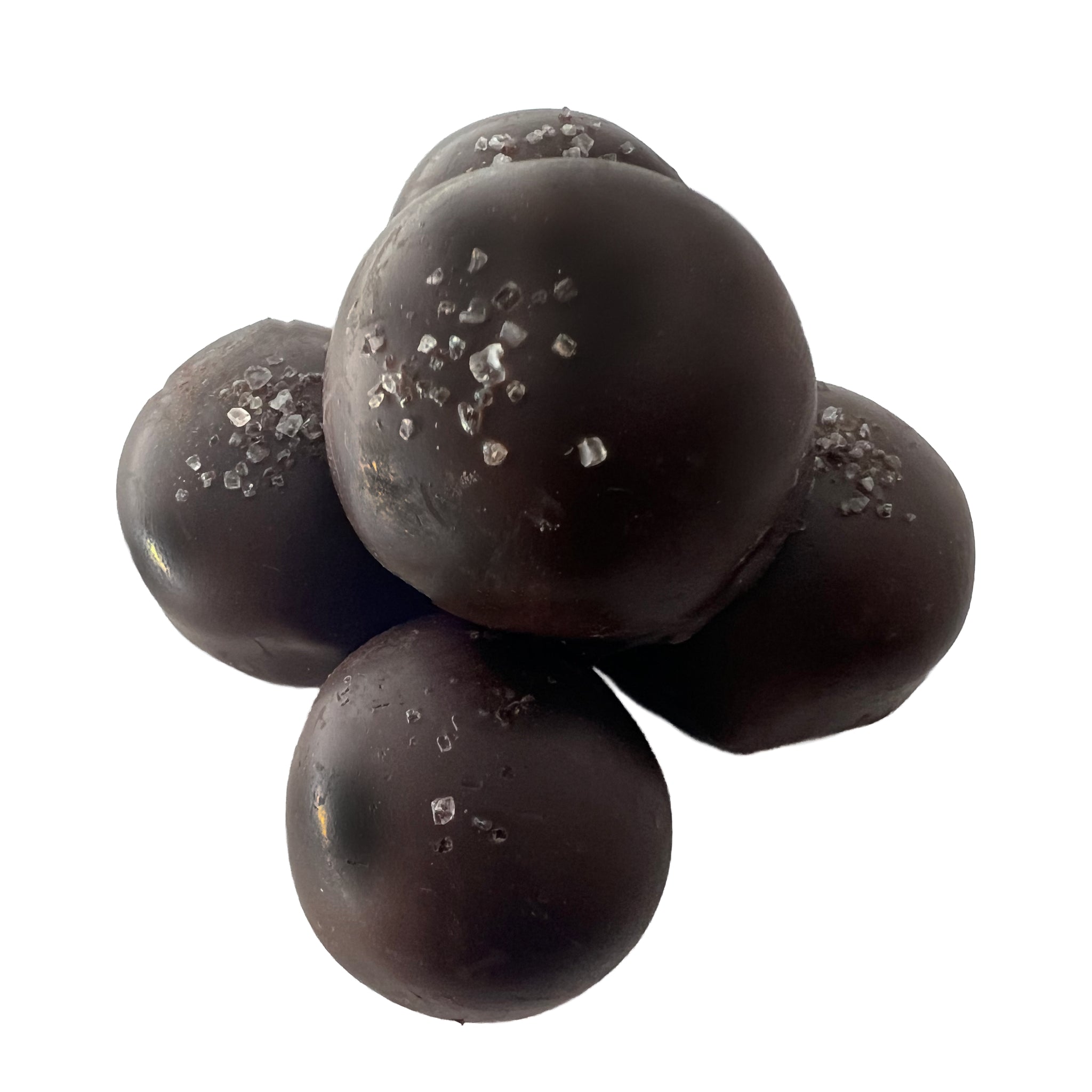 Large dark chocolate ball with a sprinkle of seasalt on top 
