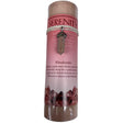 Red candle with "SERENITY" label and crystal pendant.