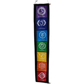 Seven Chakra Wall Hanging Banner - Seven Chakra Banner made from black, lavender, purple, blue, green, yellow, orange, and red cloth, with white print. 