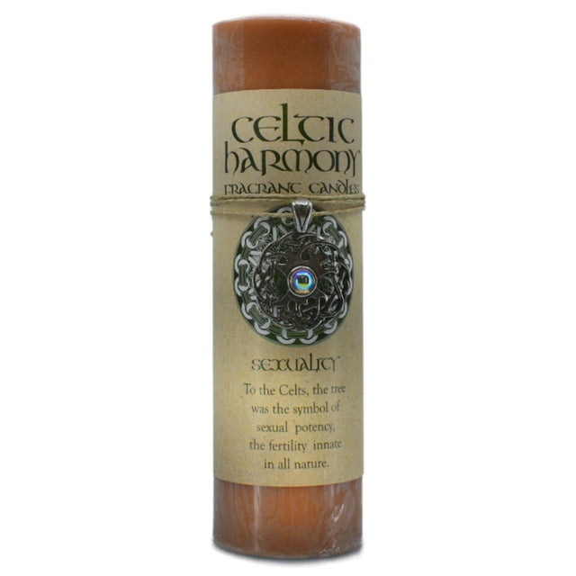 Sexuality Celtic Pendant Candle - Sexuality Celtic Pendant Candle.  This light brown candle includes a pewter pendant that could be worn as a necklace or used as an amulet.  The are is considered sexual potency, innate in all ispecies. 