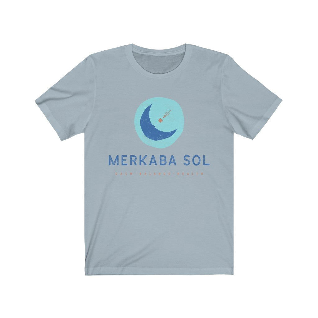 Shooting Star Short Sleeve Tee - Calm, balance, health shooting star. Bring inspiration and empowerment to your wardrobe with this Shooting Star t-shirt in light blue color or give it as a fun gift. From merkabasolshop.com