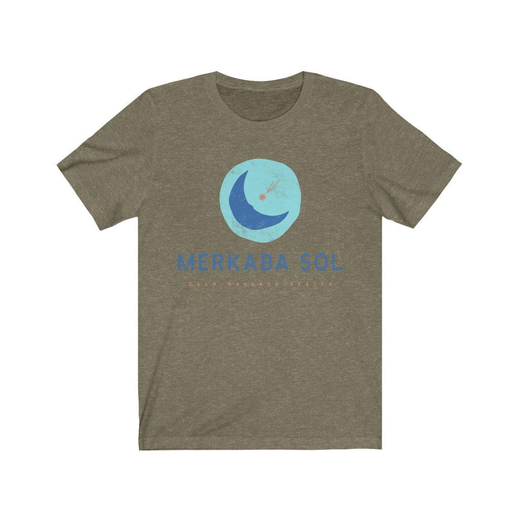 Shooting Star Short Sleeve Tee - Calm, balance, health shooting star. Bring inspiration and empowerment to your wardrobe with this Shooting Star t-shirt in olive color or give it as a fun gift. From merkabasolshop.com
