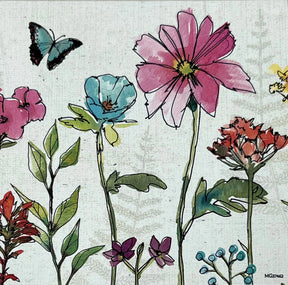 Simply Petals magnet with colorful floral illustration and a butterfly.