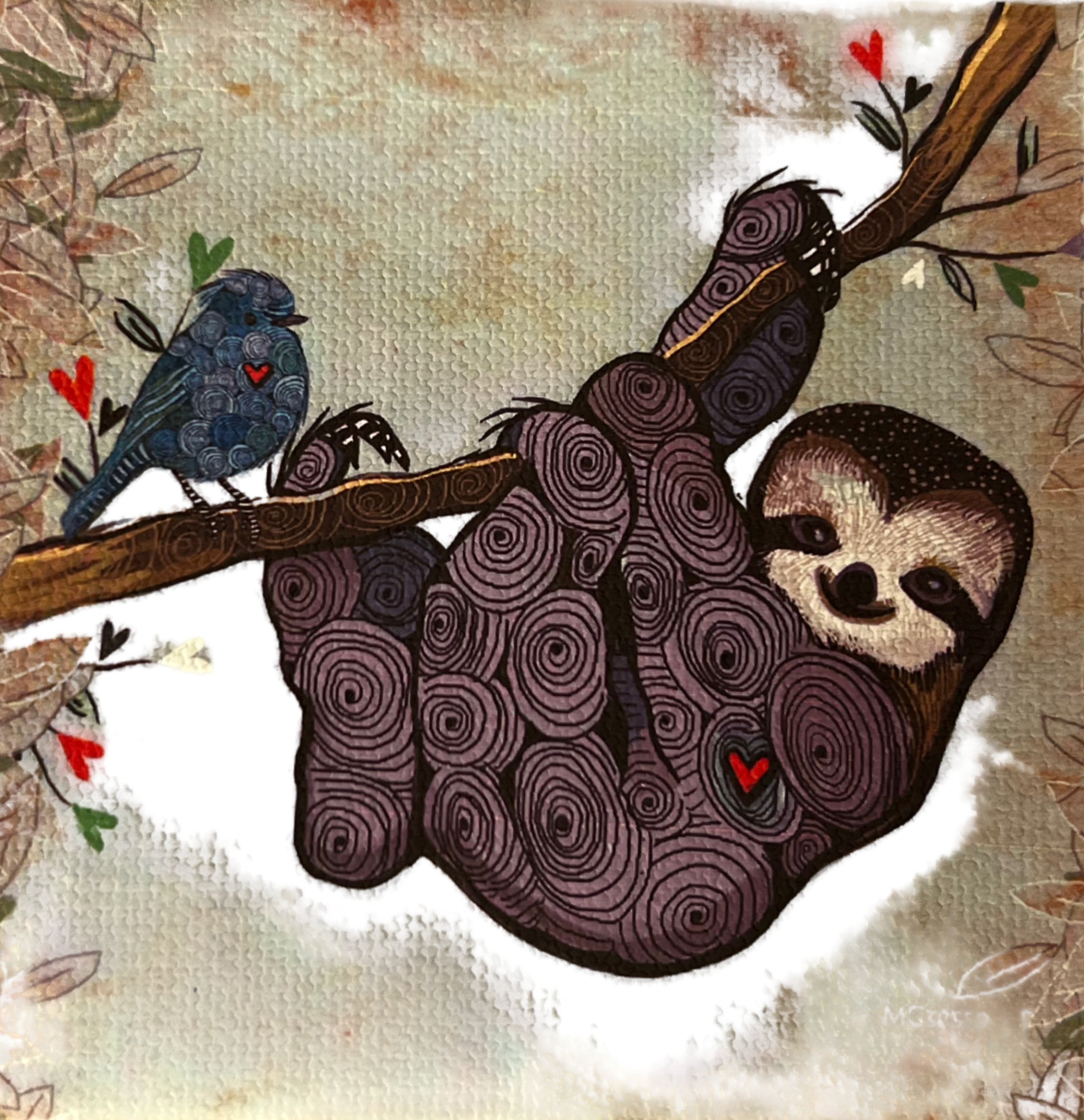 Beige square with a happy sloth hanging from a branch . flowers and a bird 
