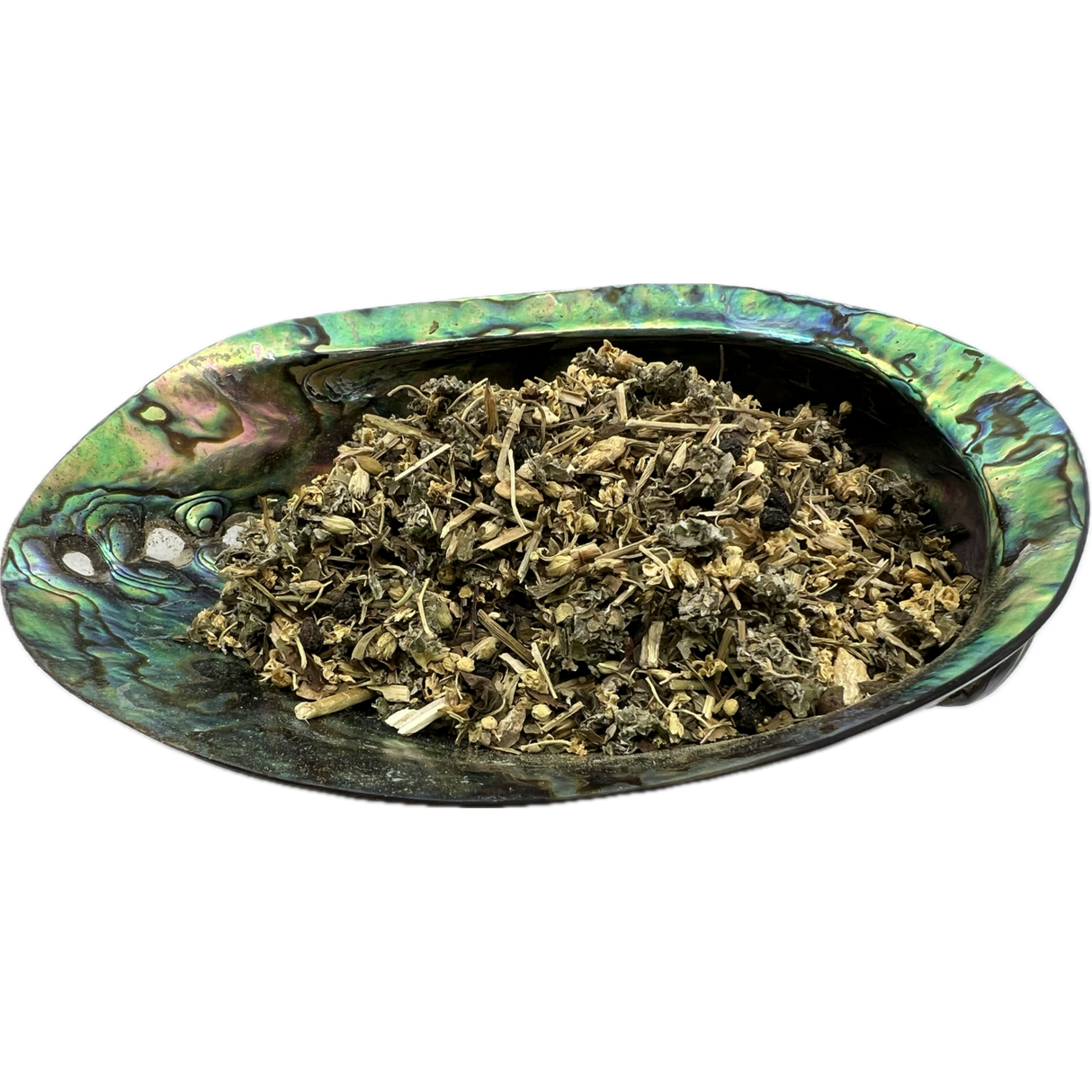 Sniffle Tea Organic - Dried mixed herbs named Sniffle Tea placed on a colorful shell bowl
