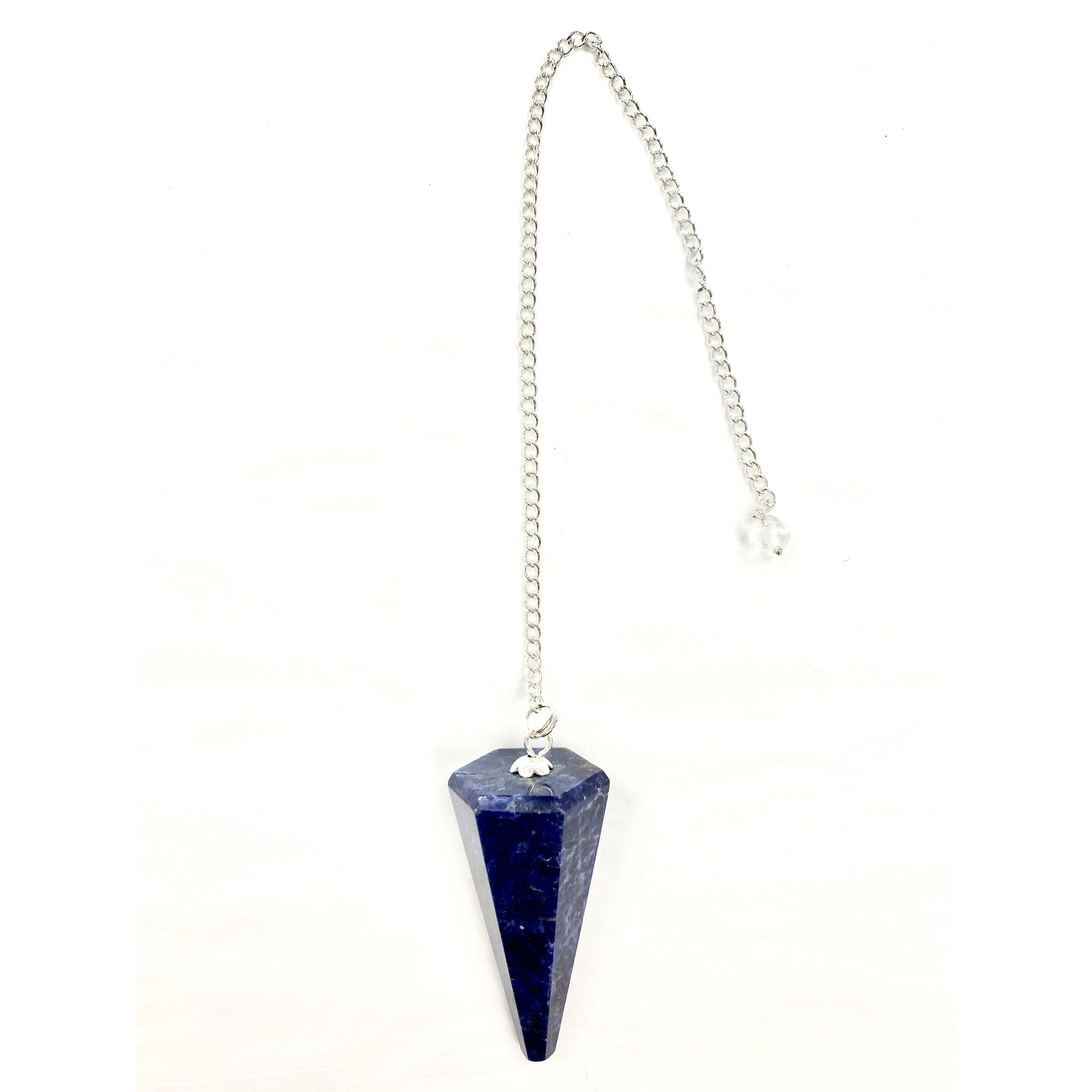 Blue cone shaped pedulum with silver colored chain 