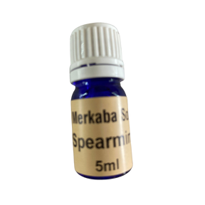 Spearmint Essential Oil - Spearmint Essential Oil in small blue colored bottle with light brown label and white screw cap.