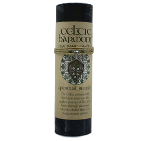Spiritual Rebirth Celtic Pendant Candle - Spiritual Rebirth Celtic Pendant Candle.  The Celtic patterns with five knots represents the endless journey of life, from birth through successive rebirth, a belief shared by many ancient cultures.  The pewter pendant can be worn as a necklace or used as an amulet.  the candle is black.