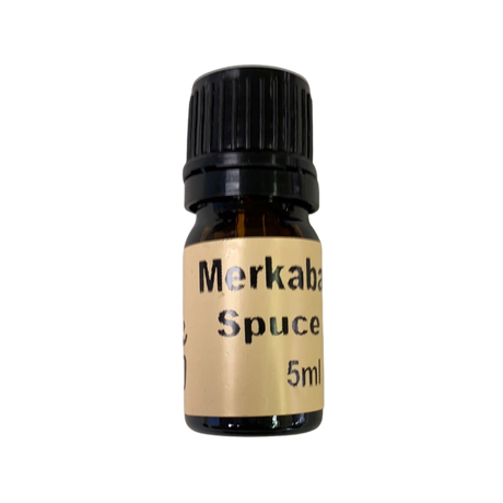 Spruce Essential Oil - Spruce Essential Oil in a small amber colored bottle with light brown label and black screw cap.