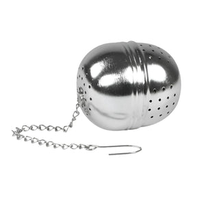 Stainless steel ball-shaped tea infuser with a chain.