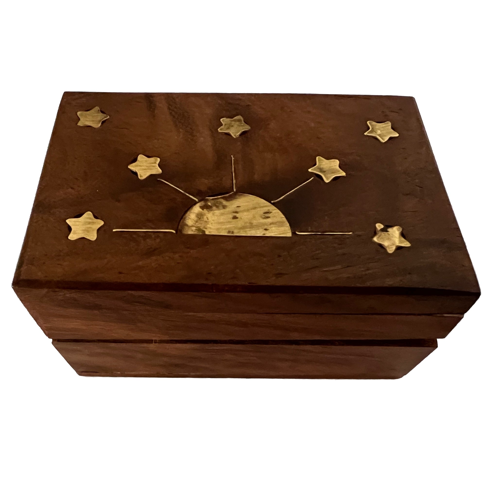 Small rectangle wood box top inlaid with brass moon and stars 