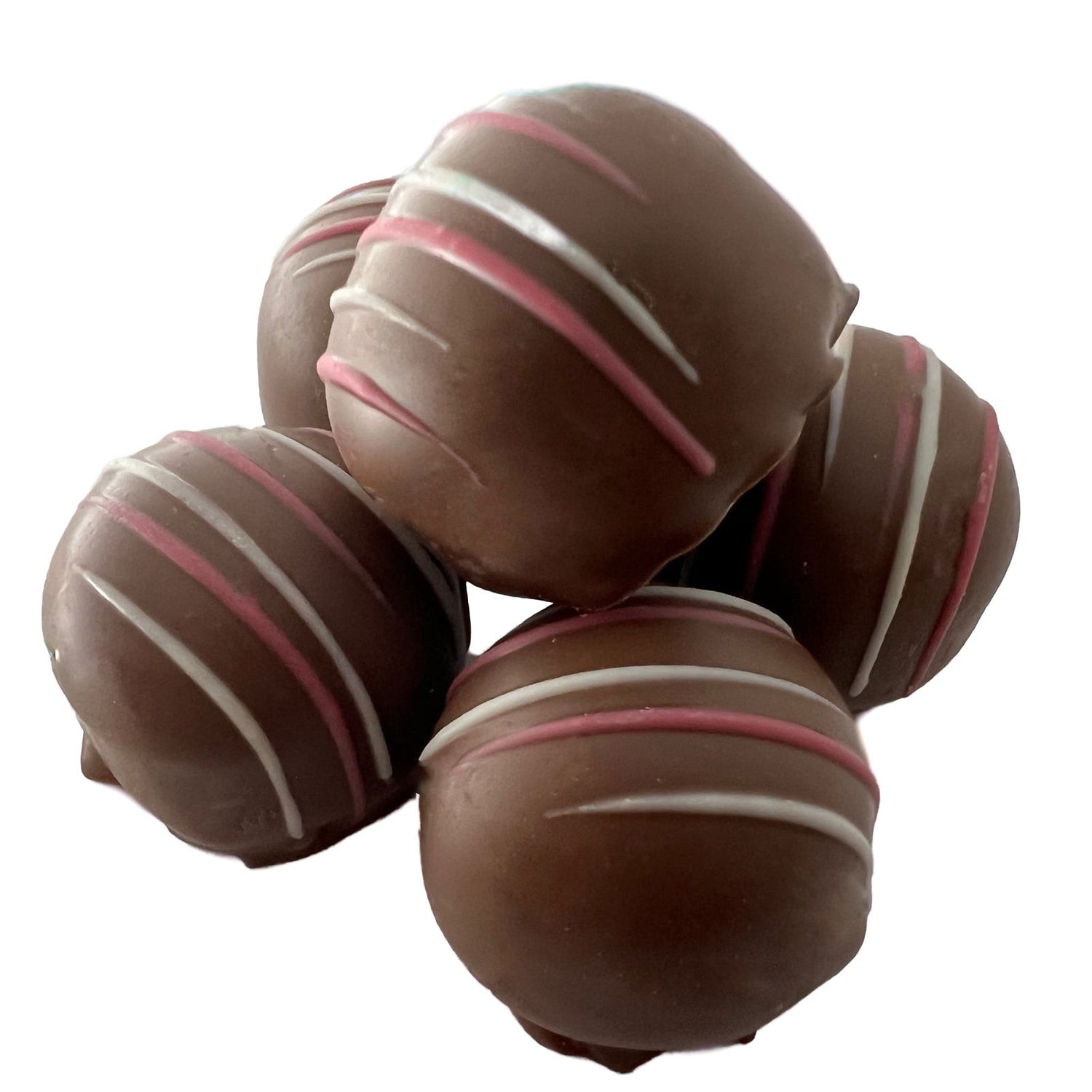 Strawberry Cheesecake Milk Chocolate Truffle - Large Milk Choc Ball with red and white icing 