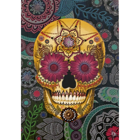 Greeting card featuring a colorful sugar skull with floral decorations and paisley patterns in the background.