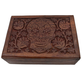 Sugar Skull Carved Wood Box - dark wood box carved flowers and skull in middle 
