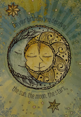 Sun Moon and Stars Greeting Cards - green card with celestial image sun and moon 