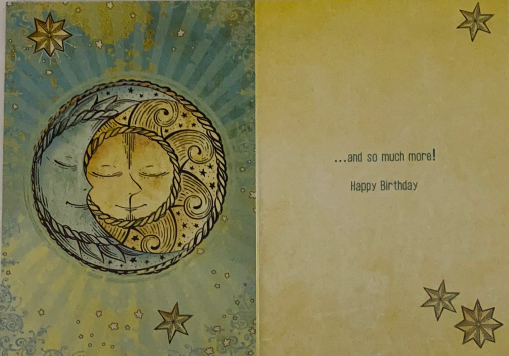 Sun Moon and Stars Greeting Cards - green inside with same celestial image and happy birthday message 
