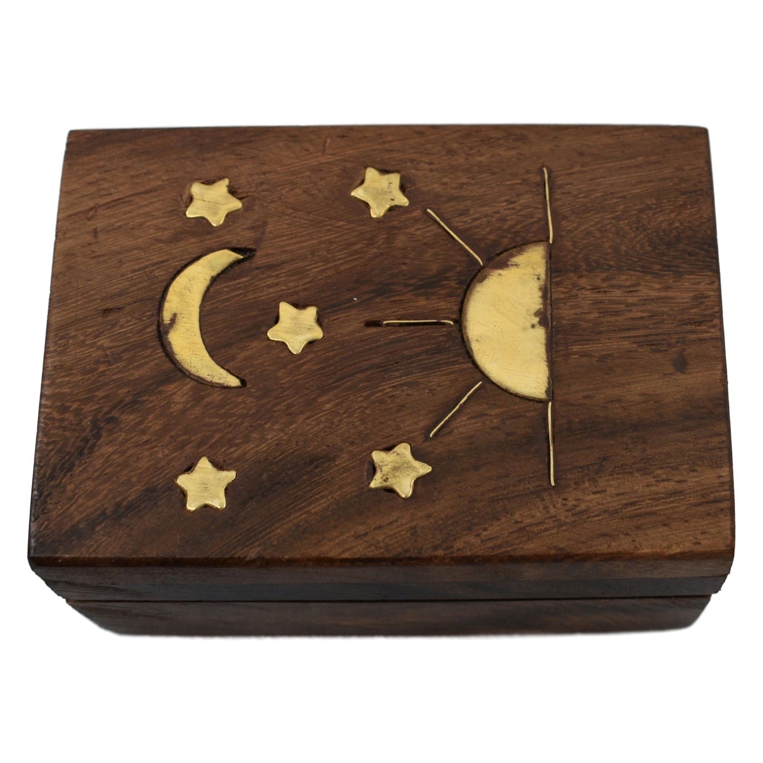 Sun Setting Under Stars and Moon Wooden Box - small rectangular box, inlaid widths brass setting sun, stars and crescent moon 