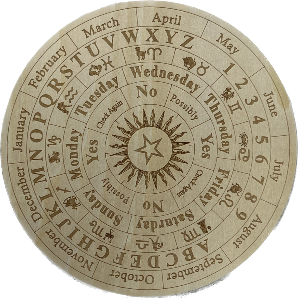Wooden scrying board with sun, star, and alphabet.