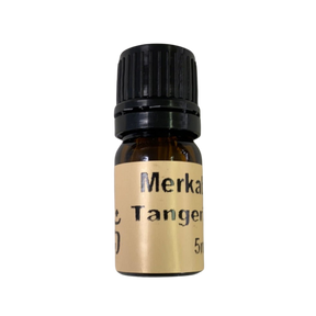 Tangerine Essential Oil - Tangerine Essential Oil in a small amber colored bottle with light brown label and black screw cap.