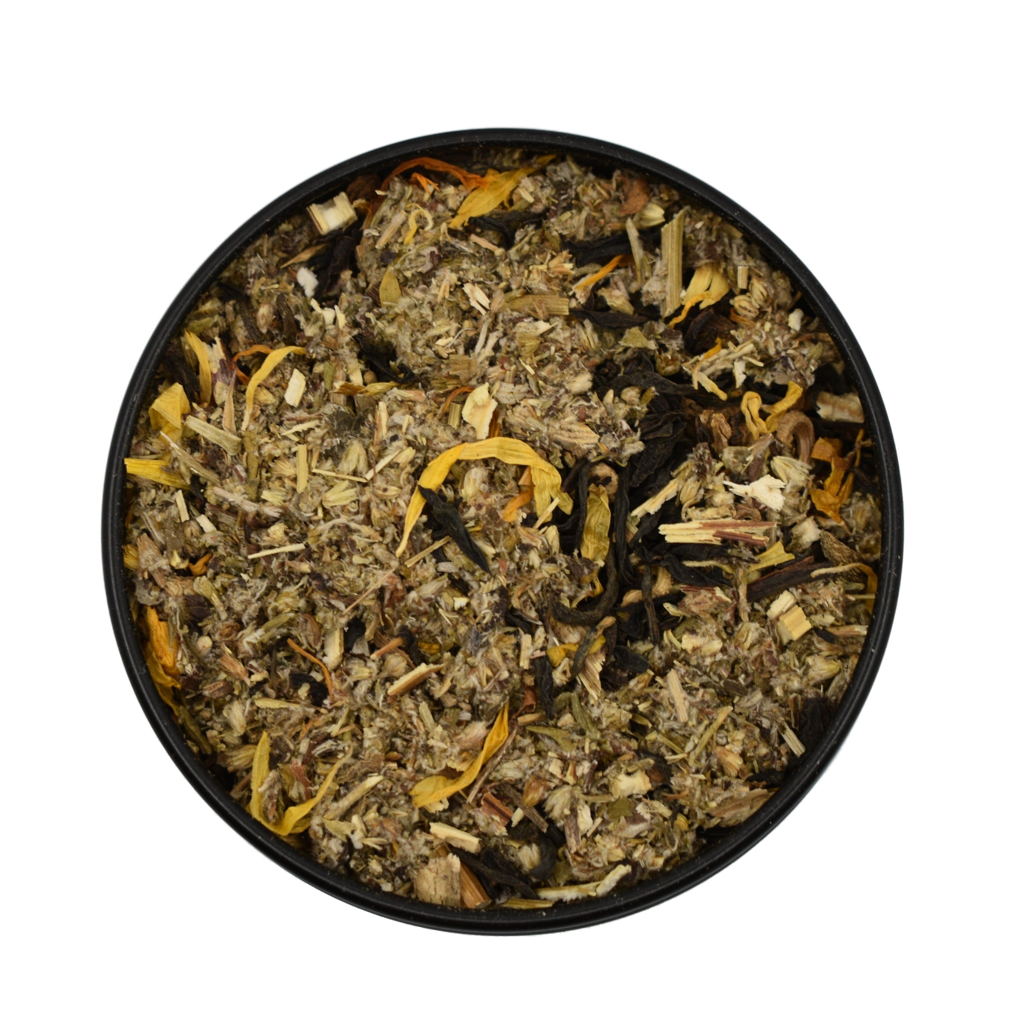 a mix of herbs and black tea in tin 